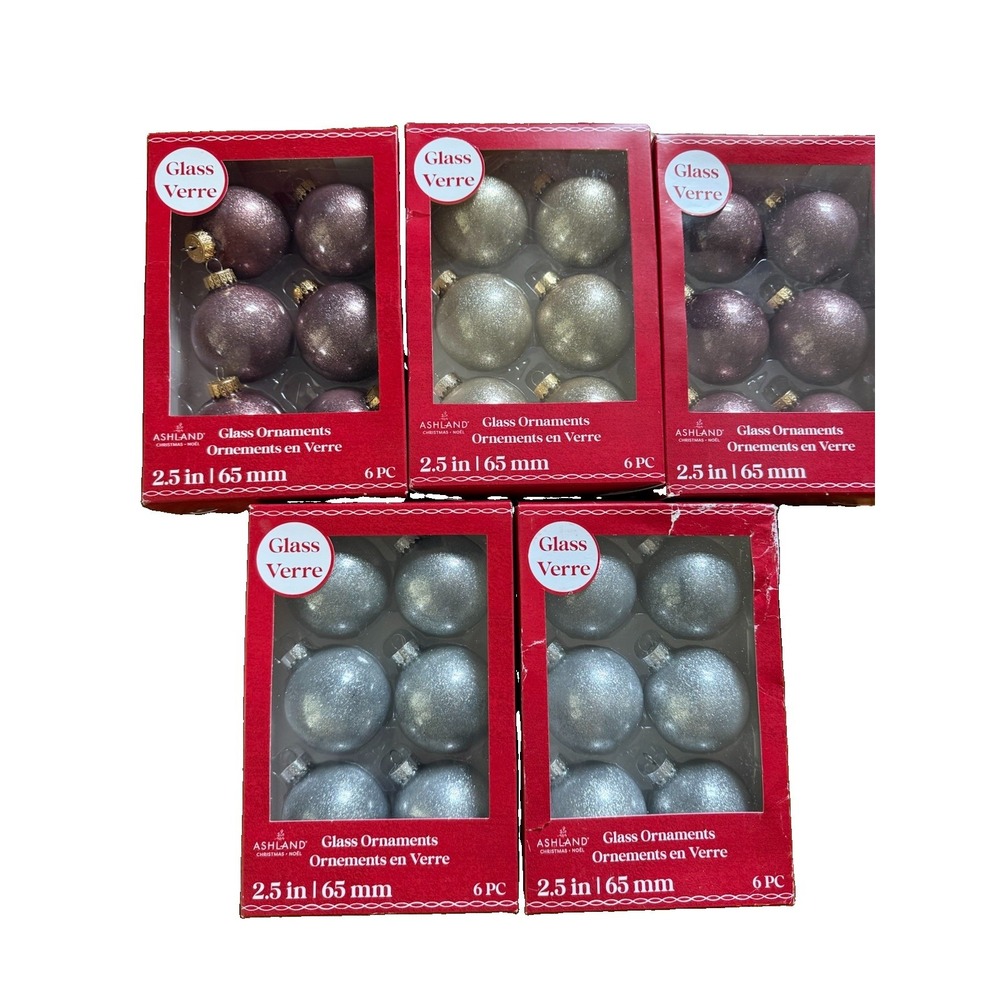 NEW 5 Boxes Ashland GLASS Christmas Ball Ornaments Glitter Gold Silver Rose